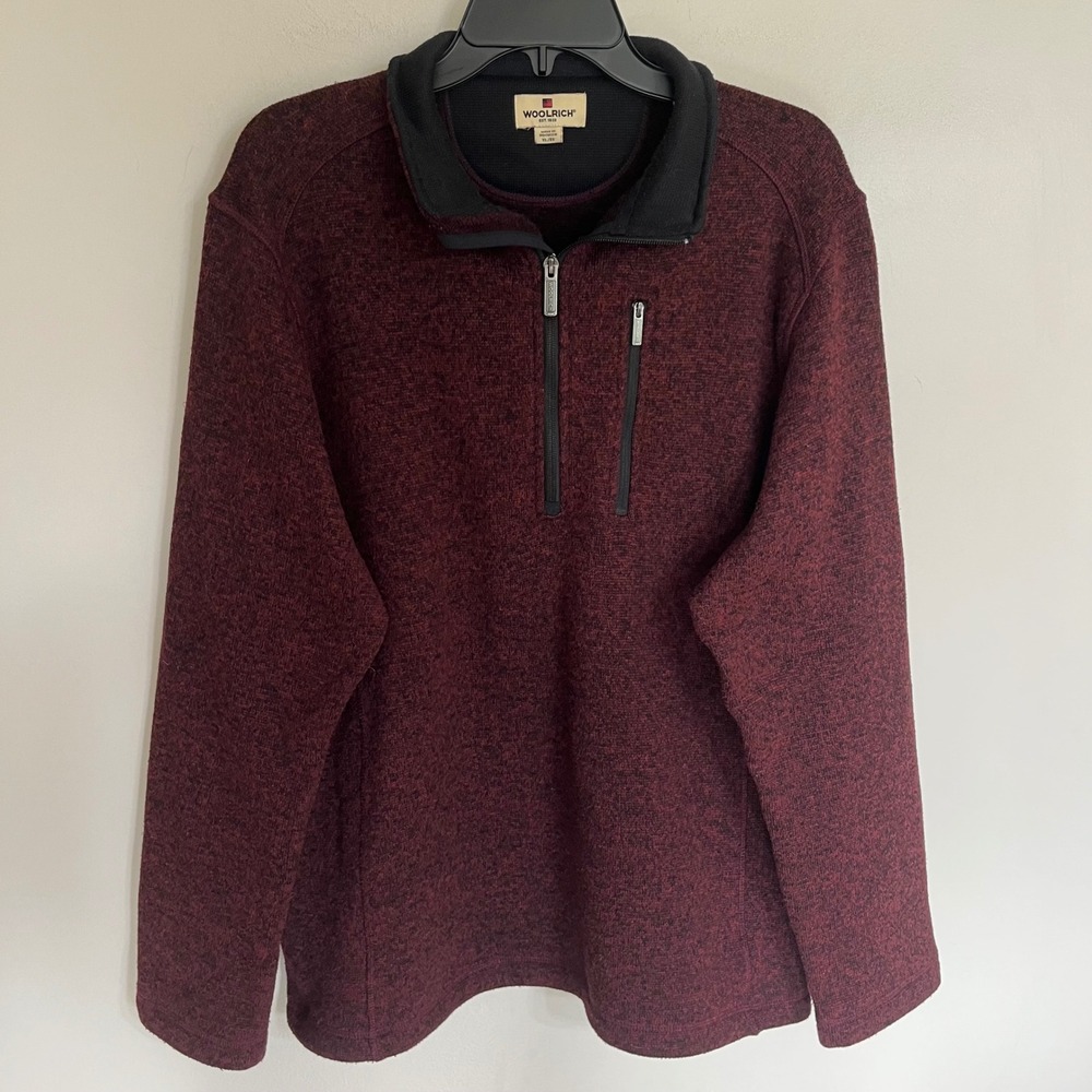 Woolrich Mens XL Quarter Zip Fleece Pullover Burgundy Marl Sweater Knit Jacket